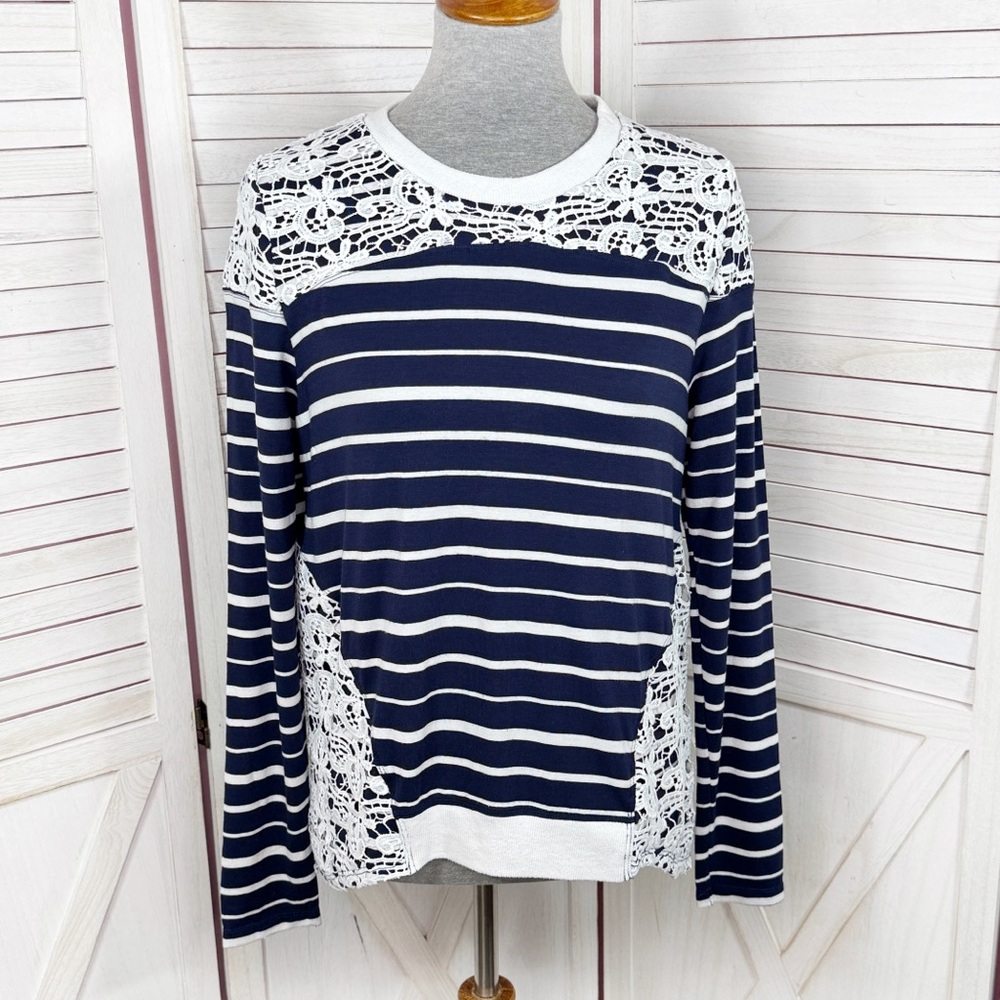 Hazel Crochet Lace Detail Striped Long Sleeve Shirt‎ Blue White Small